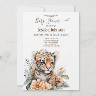 Invitación Tigre acuarela en Baby Shower de flores