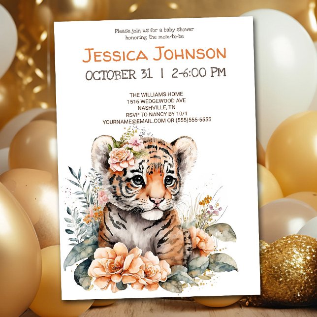 Invitación Tigre acuarela en Baby Shower de flores (Subido por el creador)