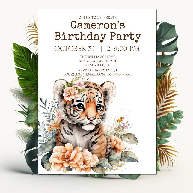 Invitación Tigre acuarela en fiesta de cumpleaños de flores (Subido por el creador)