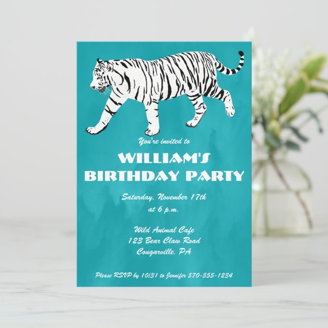 Invitación Tigre blanco Verde azulado, fiesta de cumpleaños a (Anverso de pie)
