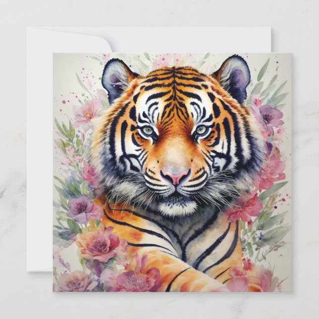 Invitación Tigre de acuarela con pintura floral (Anverso)