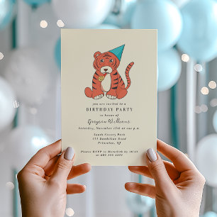 Invitación Tigre de dibujos animados con sombrero de fiesta C