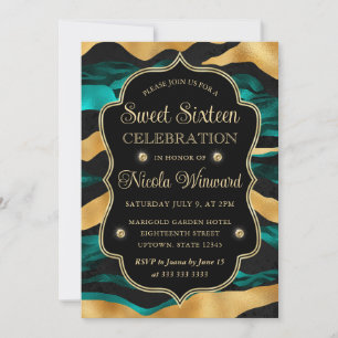 Invitación Tigre de rayas doradas turquesa Glam Dulces 16