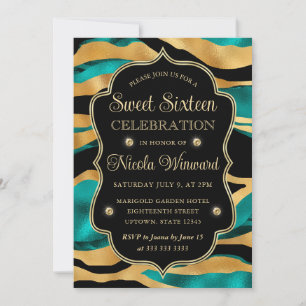 Invitación Tigre de rayas doradas turquesa Glam Sweet 16