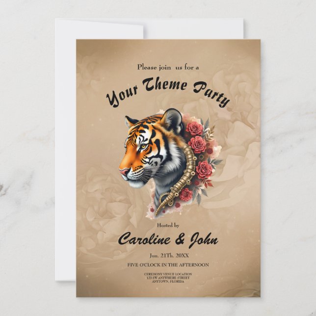Invitación Tigre de vapor con Ilustracion de Rosas. (Anverso)