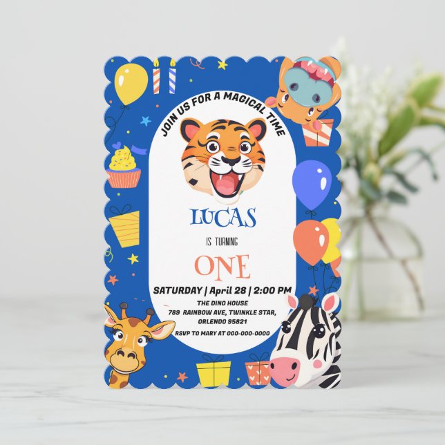 Invitación Tigre divertido Cebra Hipopótamo safari zoo Cumple (Anverso de pie)
