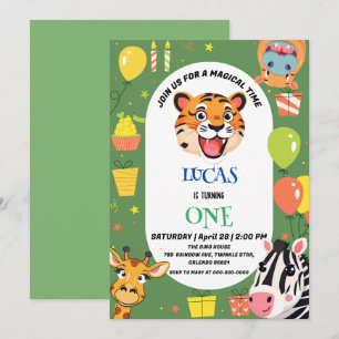 Invitación Tigre divertido Zebra Hippo zoológico safari Salva