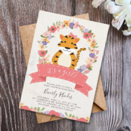 Invitación Tigre dulce y flores de Baby Shower
