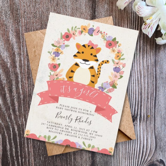 Invitación Tigre dulce y flores de Baby Shower (Subido por el creador)