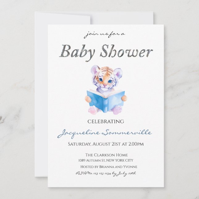 Invitación Tigre leyendo un libro en Baby Shower (Anverso)