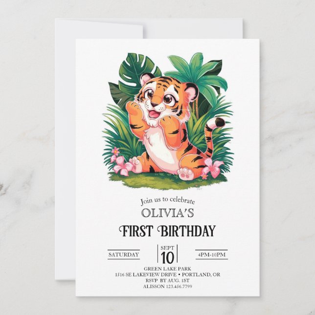 Invitación Tigre mágico digital de primer cumpleaños (Anverso)