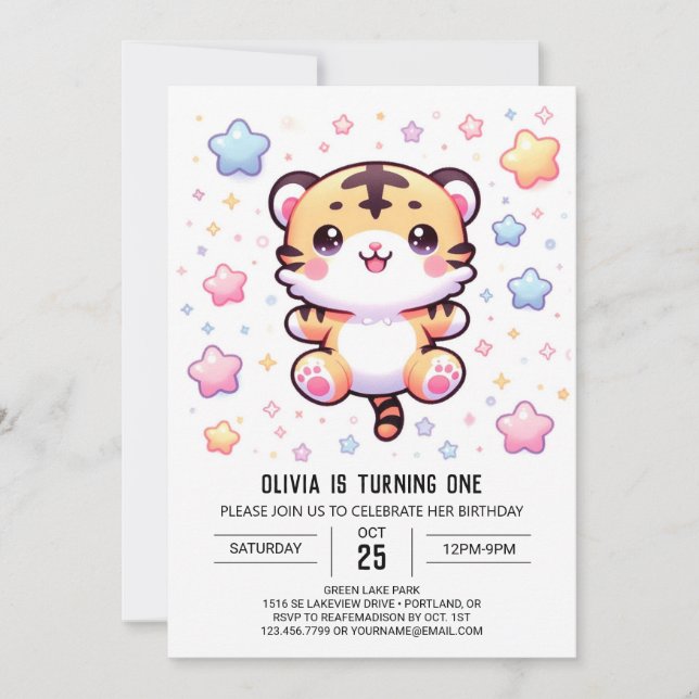 Invitación Tigre moderno lindo, primer cumpleaños (Anverso)