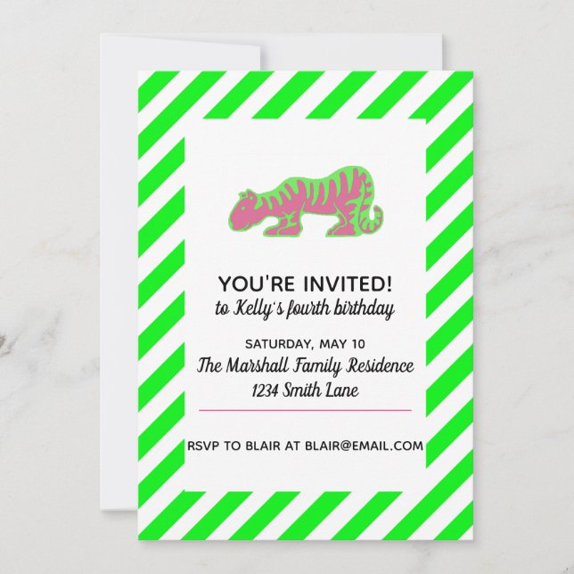 Invitación Tigre rosa y verde (Anverso)