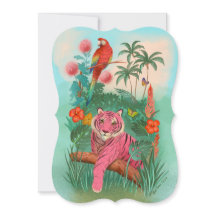 Tigre rosado y jungla tropical loro en blanco