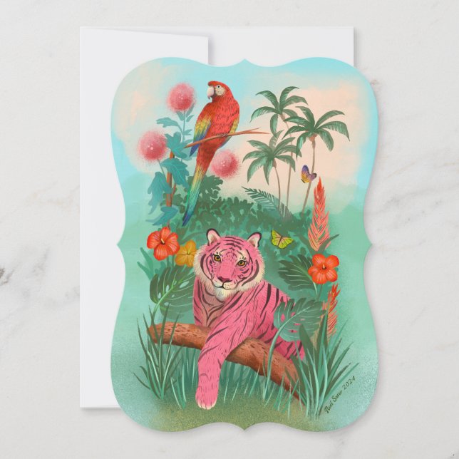 Invitación Tigre rosado y jungla tropical loro en blanco (Anverso)