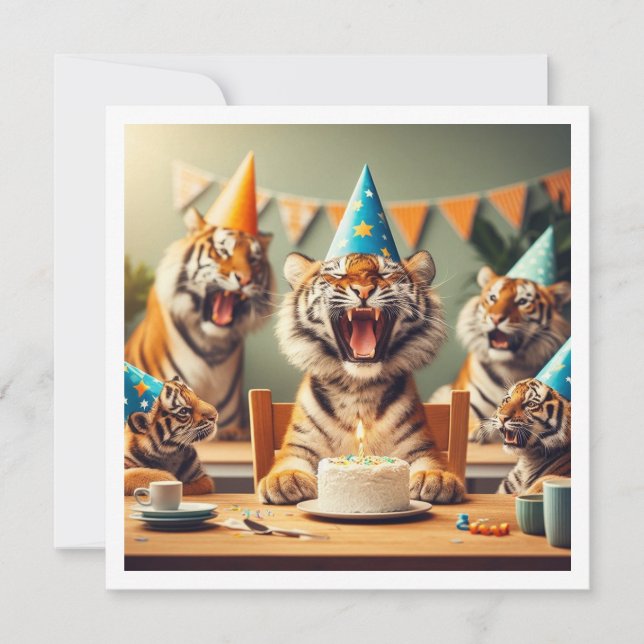 Invitación Tigres celebrando, cumpleaños de foto de tigre (Anverso)