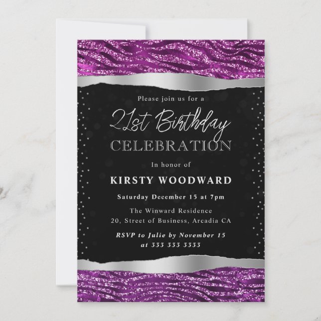 Invitación Tigres de Purpurina morado y negro en franjas de 2 (Anverso)