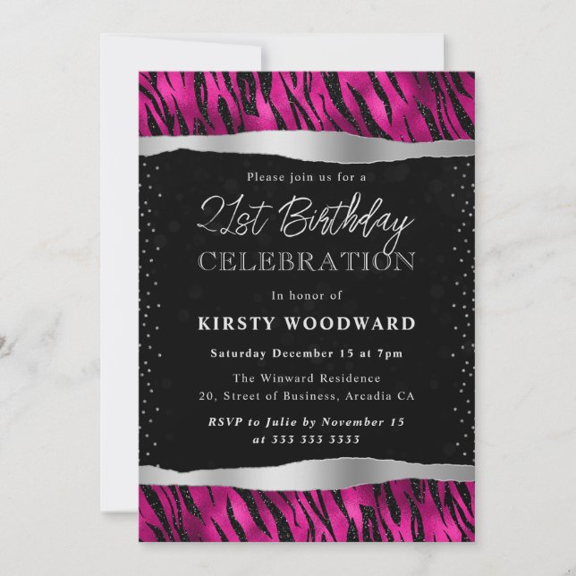 Invitación Tigres de Purpurina rosado y negro en franjas de 2 (Anverso)