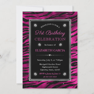 Invitación Tigres de Purpurina rosado y negro en franjas de 2