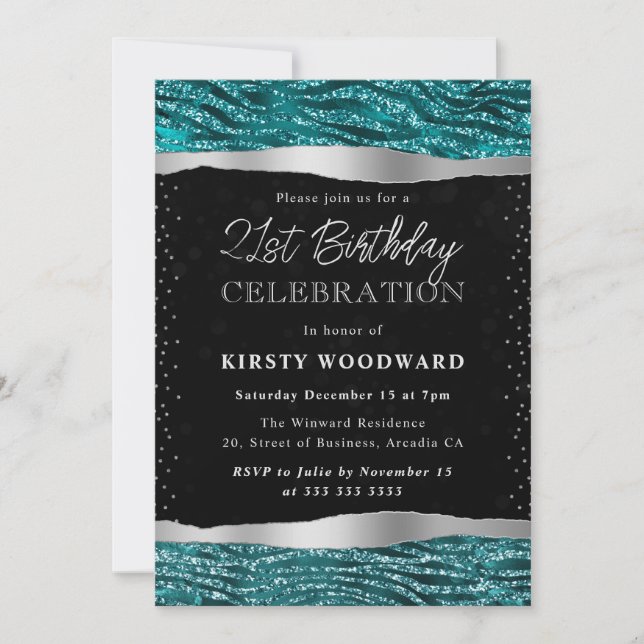 Invitación Tigres de Purpurina verde azulado y negro en franj (Anverso)