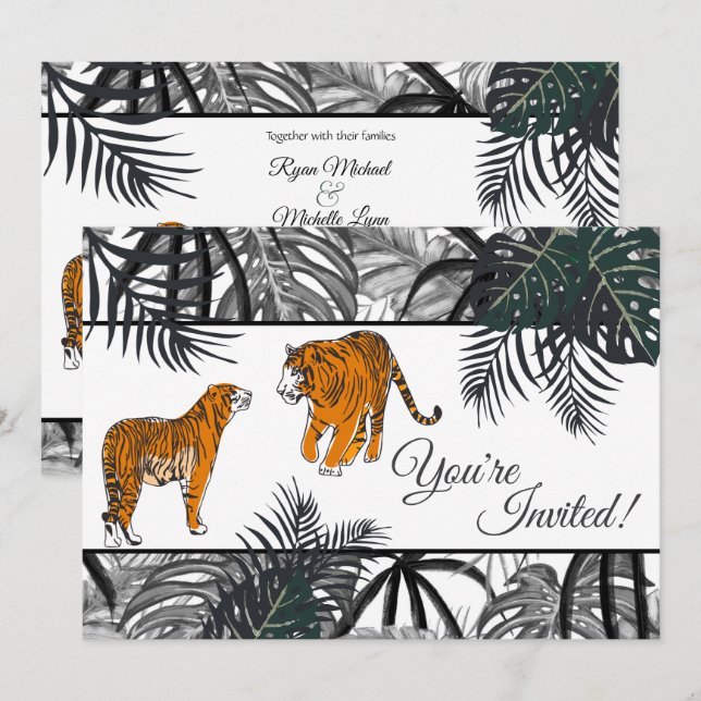 Invitación Tigres y Boda de la selva tropical frente a palmas (Anverso / Reverso)