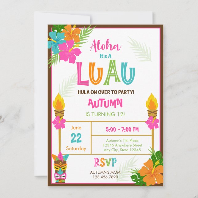 Invitación Tiki Aloha Luau Aniversario del verano tropical de (Anverso)