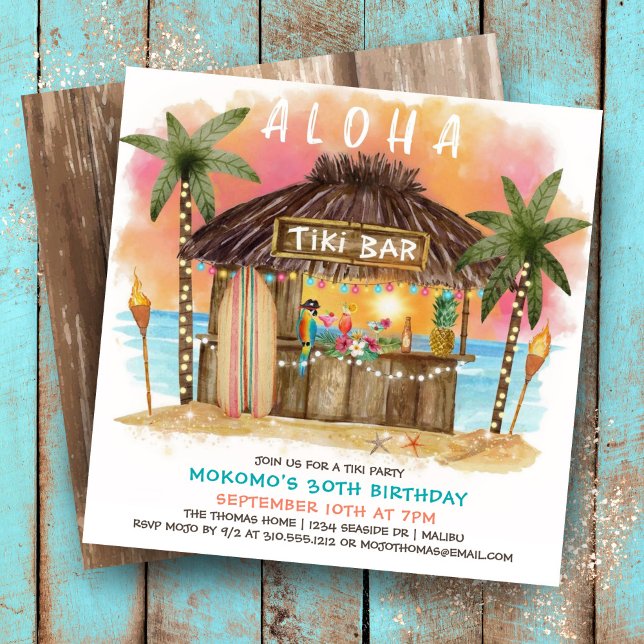 Invitación Tiki Beach Bar | Cumpleaños del atardecer del Mar  (Subido por el creador)