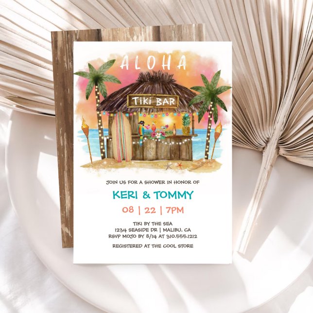 Invitación Tiki Beach Bar Tropical Sunset Sea Couples Ducha (Subido por el creador)