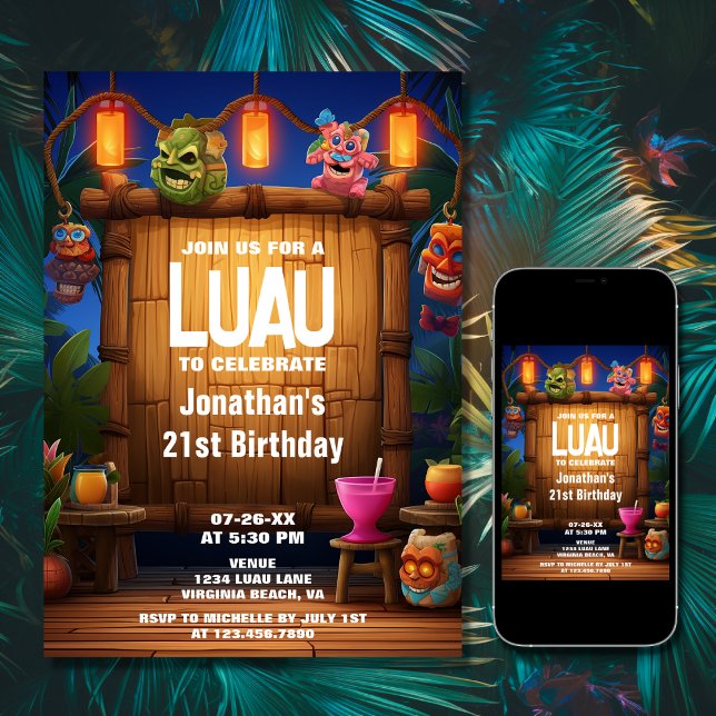 Invitación Tiki Luau Hawaii Isla Tropical Cumpleaños (Printed and Digital - Tiki Luau Hawaiian Tropical Island Beach Birthday Invitation)