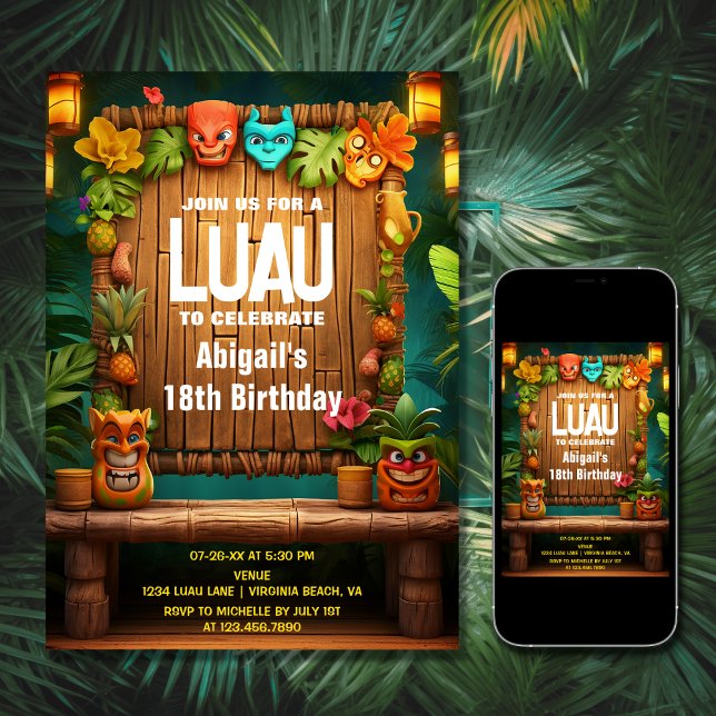 Invitación Tiki Luau Hawaii Isla Tropical Cumpleaños (Printed and Digital - Tiki Luau Hawaiian Tropical Island Beach Birthday Invitation)