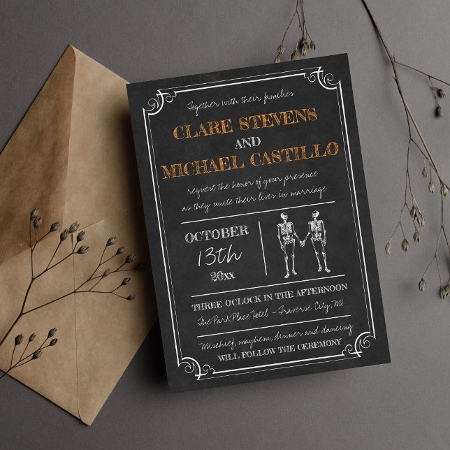 Invitación Til Death Halloween Skeleton Orange Black Wedding (Subido por el creador)