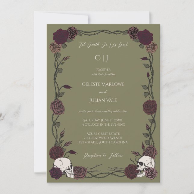 Invitación Til Death Olive Green Gothic Rose Wedding (Anverso)