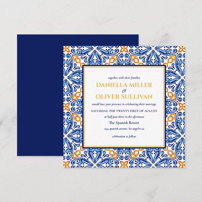 Invitación Tile español | boda mediterráneo amarillo azul (Anverso / Reverso)