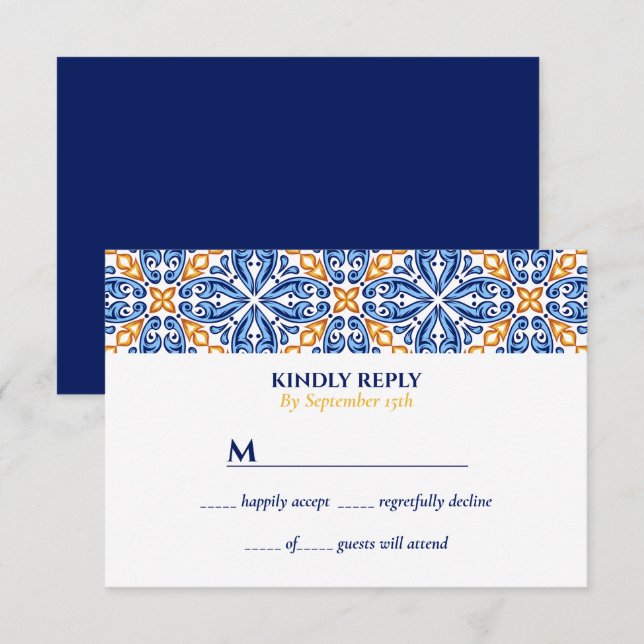 Invitación Tile español | boda mediterráneo amarillo azul (Anverso / Reverso)