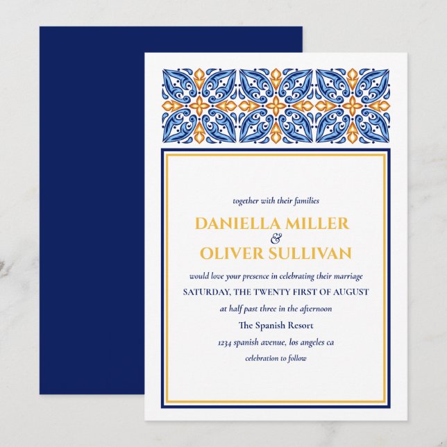 Invitación Tile español | boda mediterráneo amarillo azul (Anverso / Reverso)