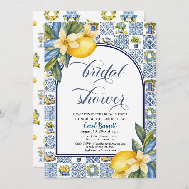 Invitación Tiles italianos temática limón verano ducha de nov (Anverso / Reverso)