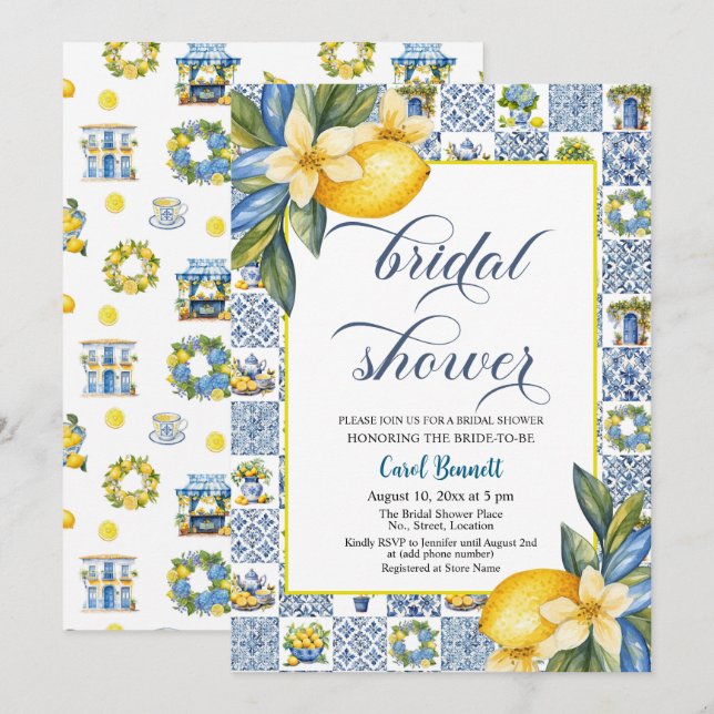 Invitación Tiles italianos temática limón verano ducha de nov (Anverso / Reverso)