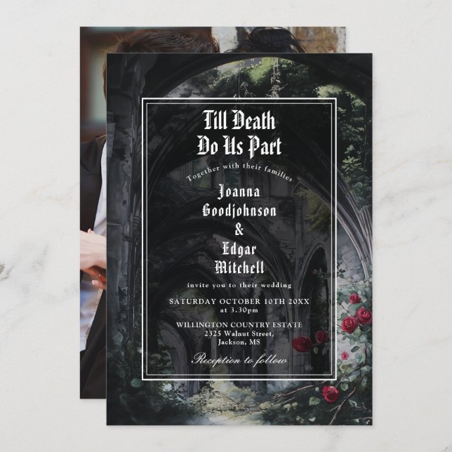Invitación Till Death Gothic Ruins Roses Floral Photo Wedding (Anverso / Reverso)