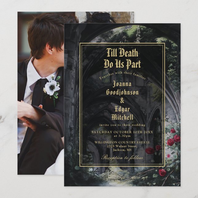 Invitación Till Death Gothic Ruins Roses Floral Photo Wedding (Anverso / Reverso)