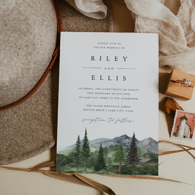 Invitación Timberline | Watercolor Forest Mountain Wedding (Subido por el creador)