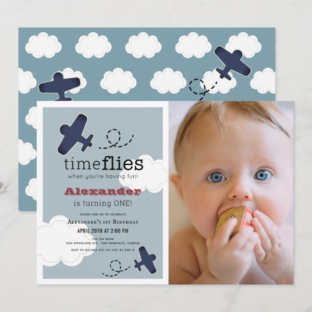Invitación Time Flies Airplane Blue Boy Foto1Cumpleaños (Anverso / Reverso)