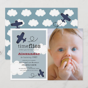 Invitación Time Flies Airplane Blue Boy Foto1Cumpleaños