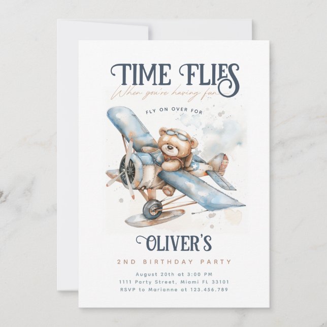Invitación Time Flies Airplane Teddy Bear Vintage Cumpleaños (Anverso)