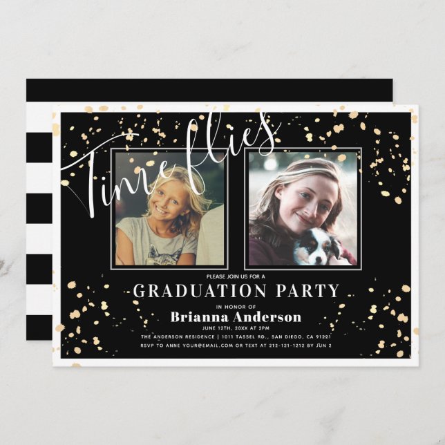Invitación Time Flies Black Stripe Gold Graduación (Anverso / Reverso)