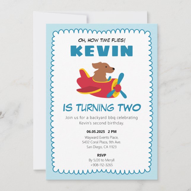 Invitación Time Flies Dog Airplane Kids Birday Fiesta (Anverso)