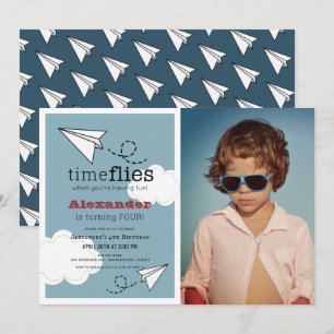 Invitación Time Flies Paper Plano Blue Boy Foto Cumpleaños