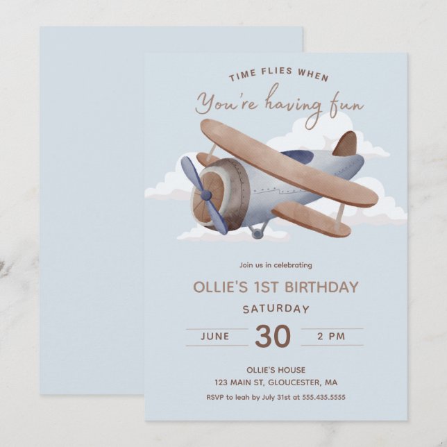 Invitación Time Flies Vintage Travel First Birday (Anverso / Reverso)
