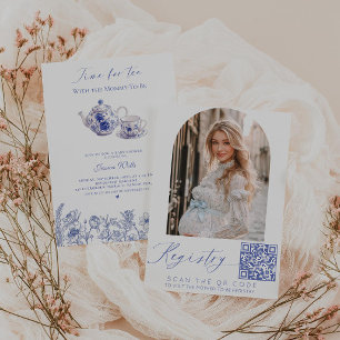 Invitación Time For Tea Toile Photo QR code Baby Shower