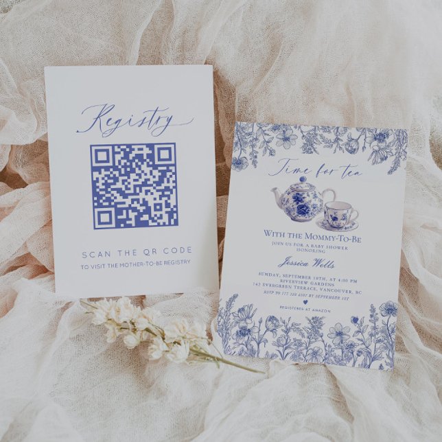 Invitación Time For Tea Toile Registro de códigos QR Baby Sho (Subido por el creador)