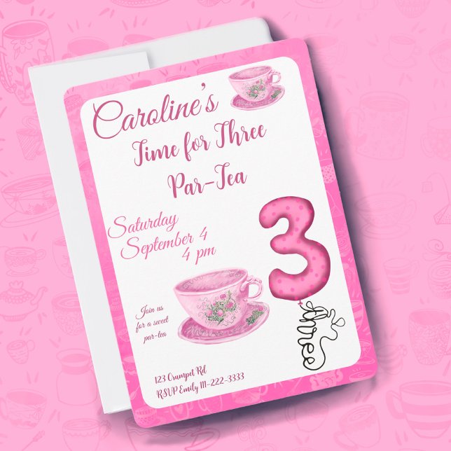Invitación Time for Three Par-tea 3rd Birthday Invitation (Subido por el creador)